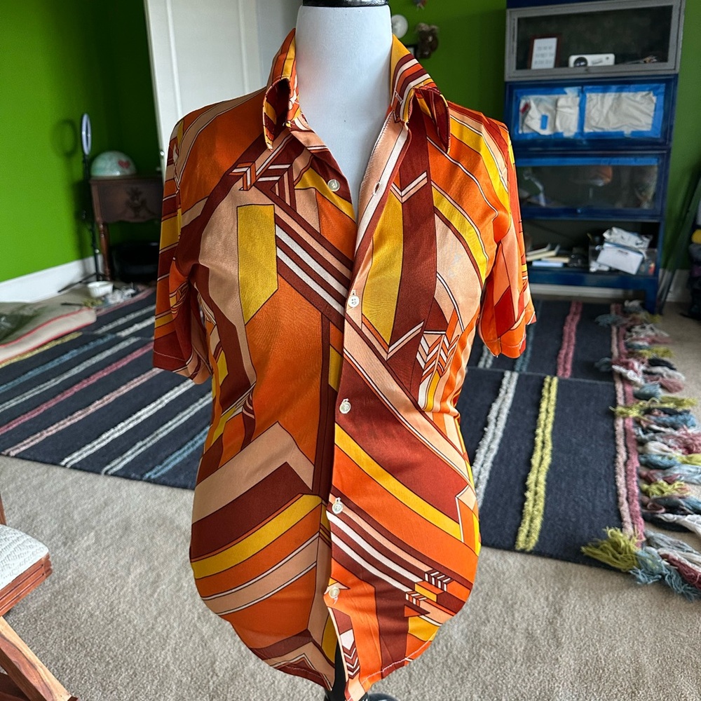 Vintage Geometric Orange Mens Shirt